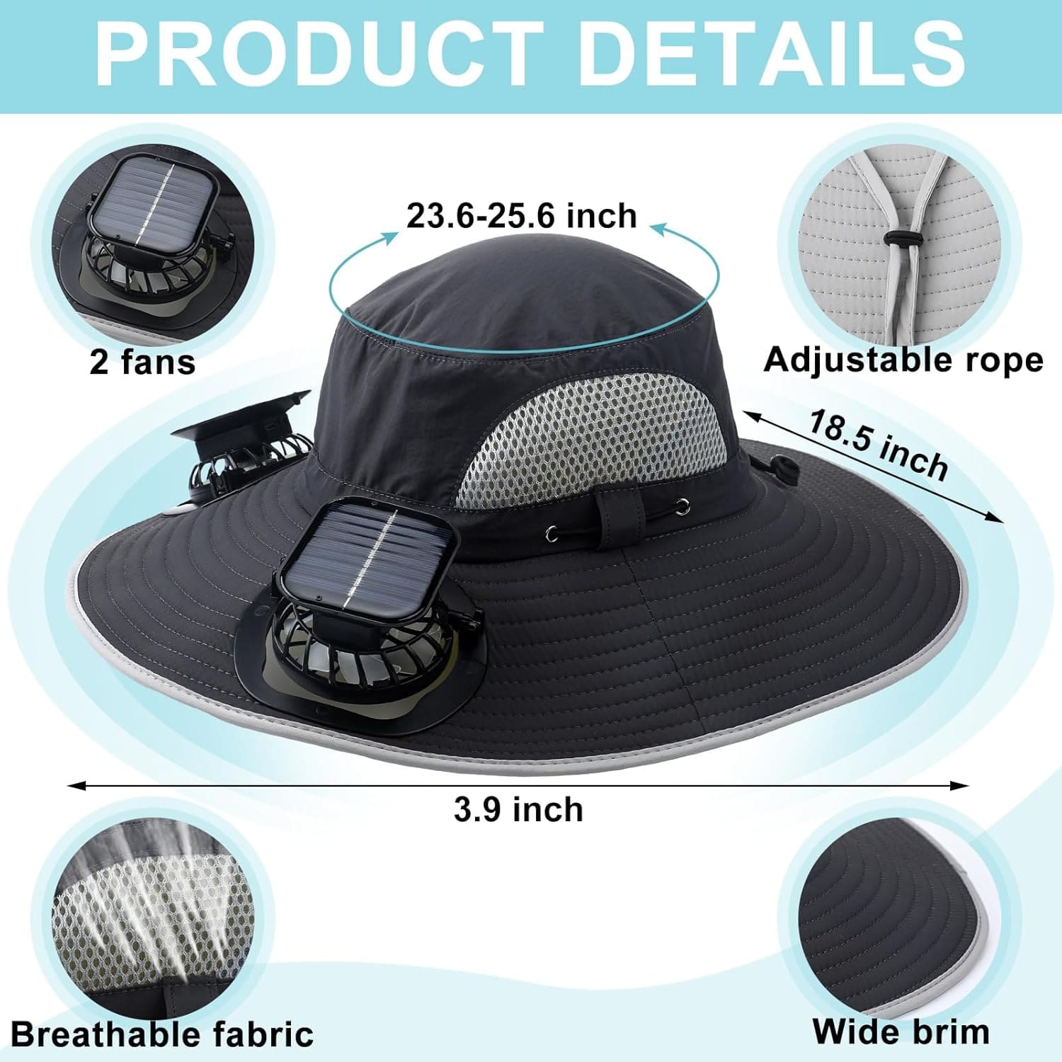 🌞 Sombrero con Panel Solar y 2 Ventiladores – ¡Trabaja fresco bajo el sol!