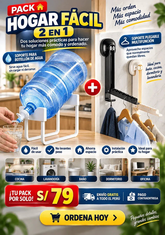 PACK SOPORTE PARA BOTELLON + COLGADOR PLEGABLE